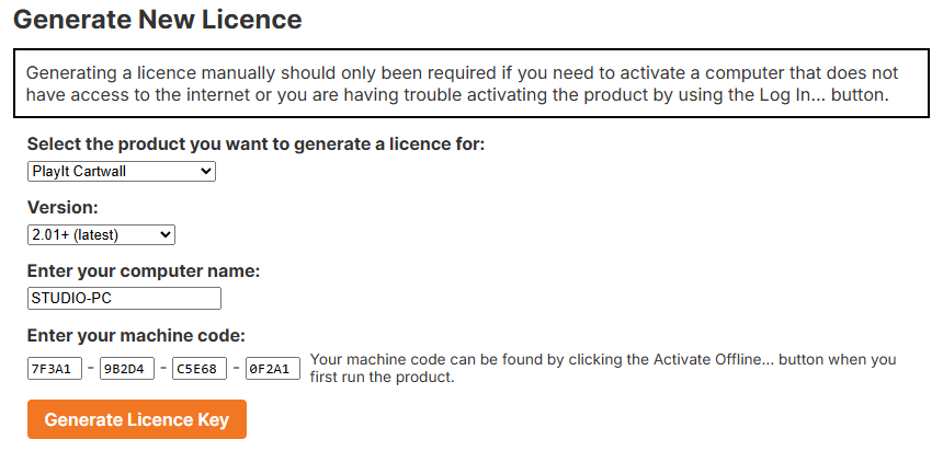 Generate licence key on website