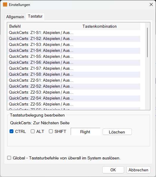 Einstellungen-Fenster - Registerkarte Tastatur