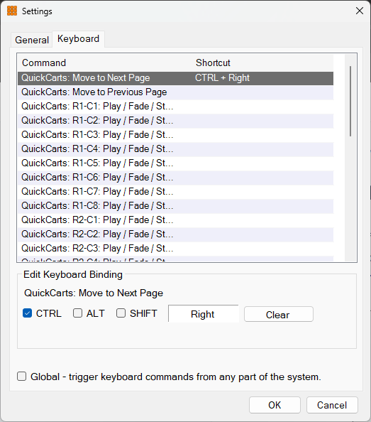 Settings window - Keyboard tab