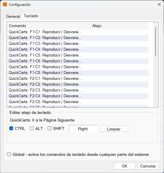 Ventana de Configuración - pestaña Teclado