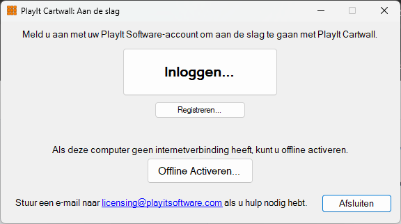 PlayIt Cartwall venster "Aan de slag"