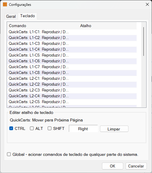 Janela de Configurações - aba Teclado