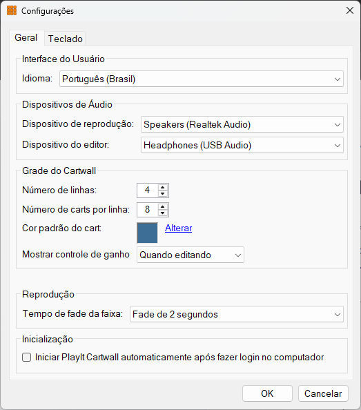 Janela de configurações