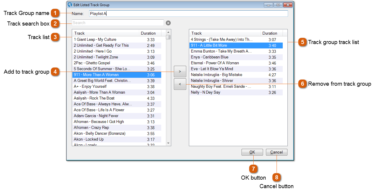 Edit Listed Track Group Window