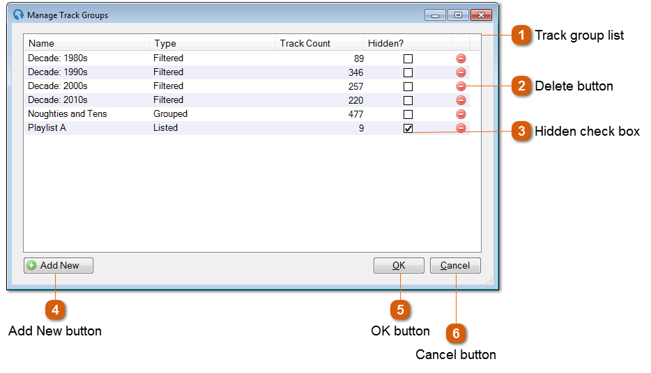 Manage Track Groups Window