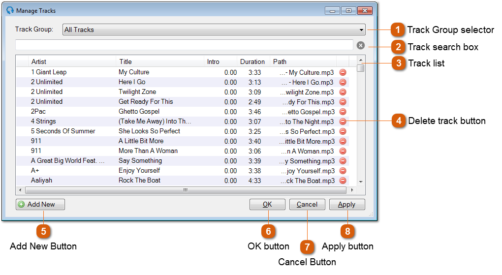 Manage Tracks Window