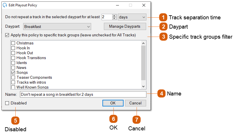 Edit Daypart Separation Playout Policy Window