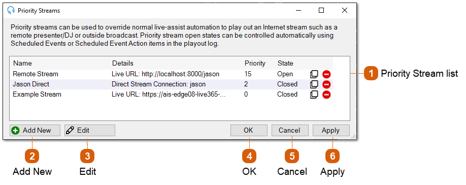 Manage Priority Streams Window