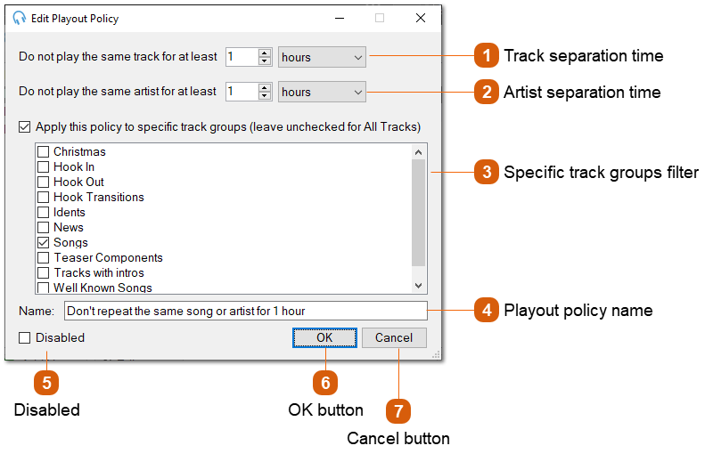 Edit Track / Artist Separation Playout Policy Window