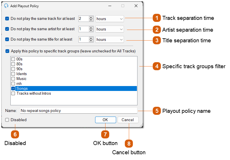 Edit Track / Artist Separation Playout Policy Window