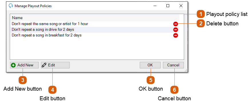 Manage Playout Policies Window