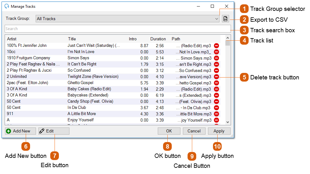 Manage Tracks Window