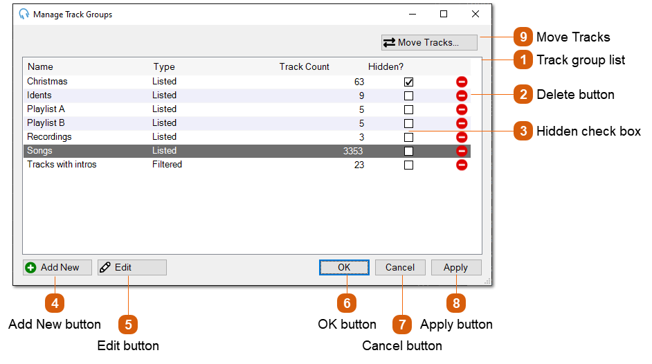 Manage Track Groups Window