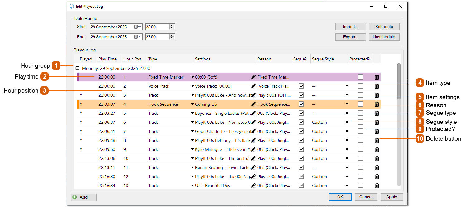 Edit Playout Log Window (Scheduled)