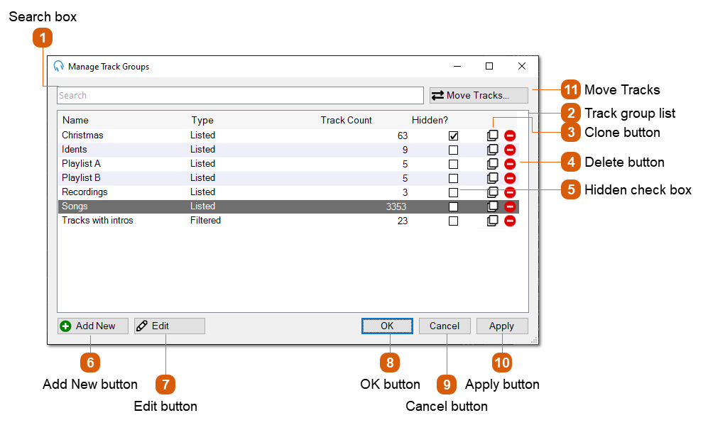 Manage Track Groups Window