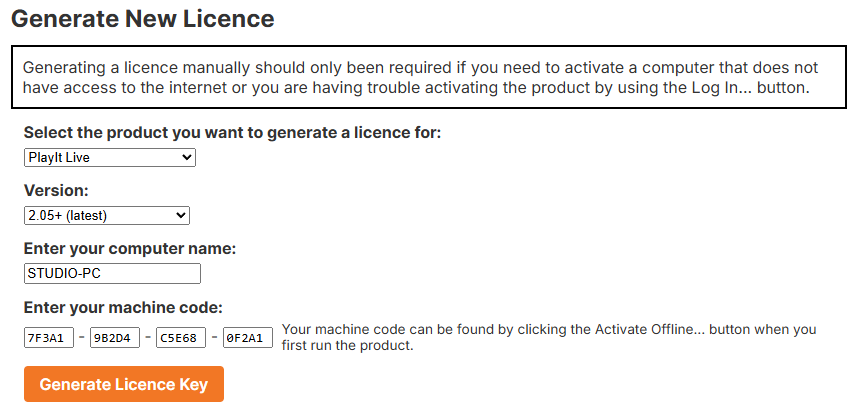 Generate New Licence page