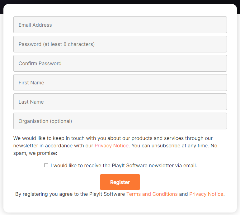 PlayIt Software registration form