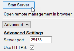 Advanced settings with Start Server button