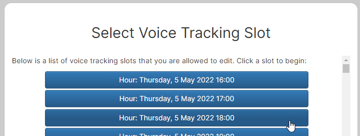 Select Voice Tracking Slot page