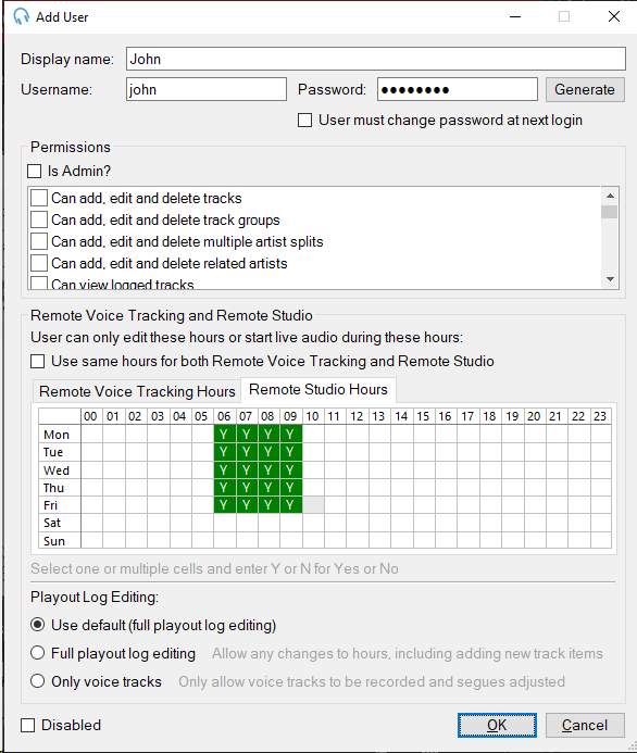 Edit User form showing Remote Studio permission