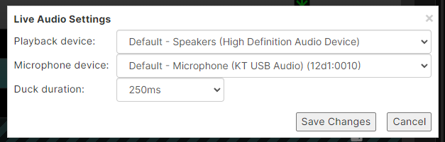 Live audio settings panel