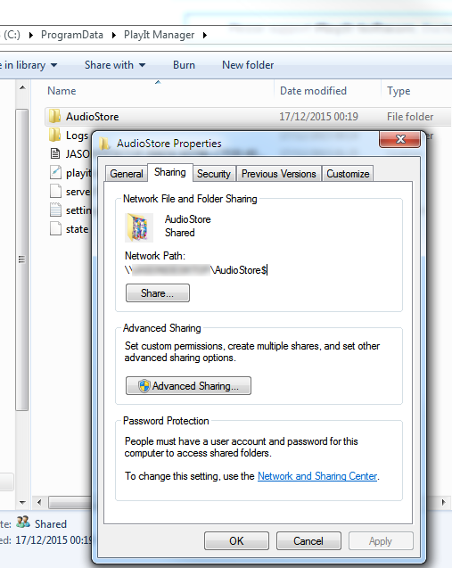 Windows file sharing properties dialog