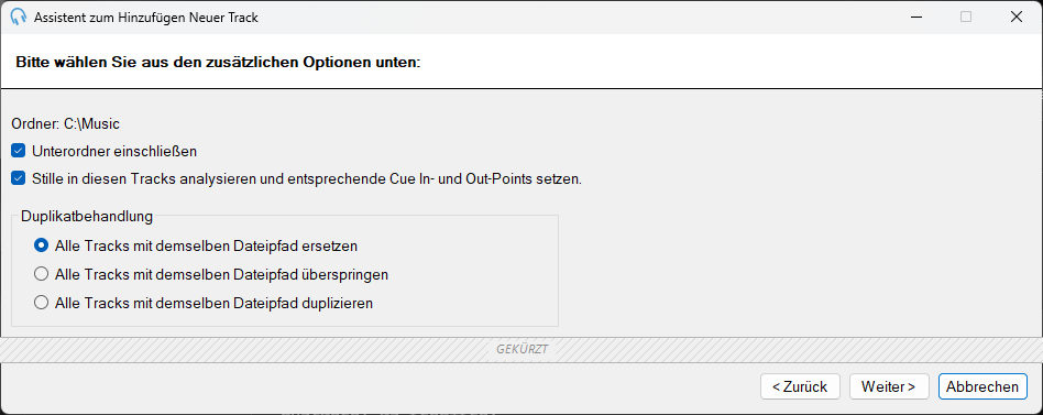 PlayIt Live Assistent zum Hinzufügen neuer Tracks – Seite mit weiteren Optionen