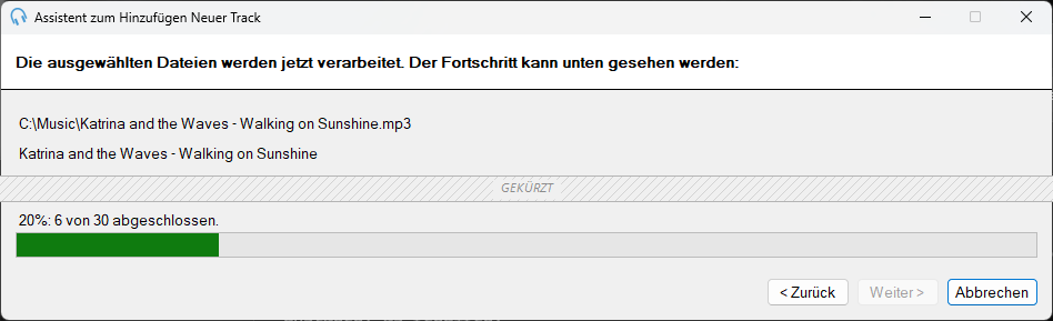 PlayIt Live Assistent zum Hinzufügen Neuer Track Fortschrittsseite