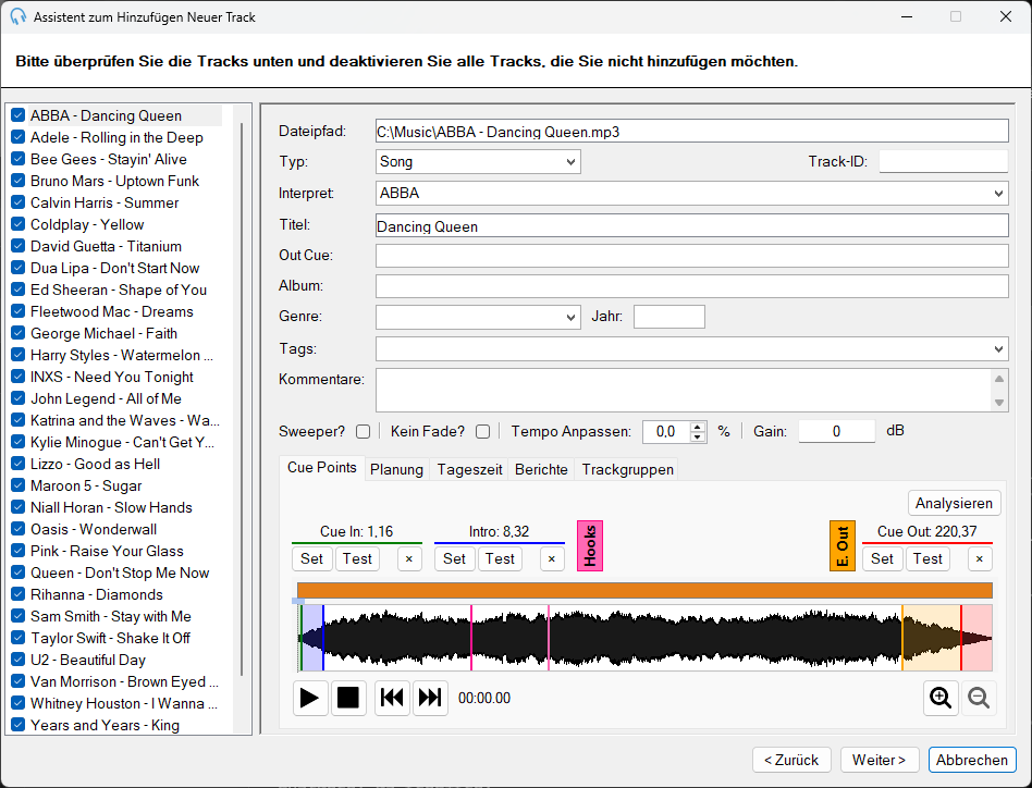 PlayIt Live Assistent „Neue Tracks hinzufügen“ Überprüfungsseite