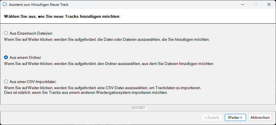PlayIt Live Assistent zum Hinzufügen Neuer Track – Seite zur Quellenauswahl