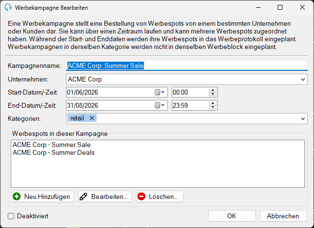 Fenster „Werbekampagne Bearbeiten“