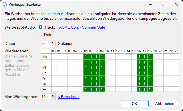 Fenster „Werbespot Bearbeiten“
