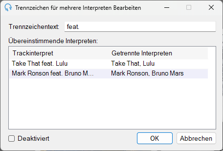 Fenster „Trennzeichen für mehrere Interpreten Bearbeiten”