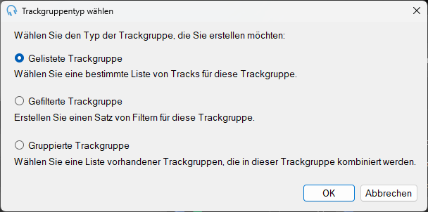 PlayIt Live – Fenster „Trackgruppentyp wählen“