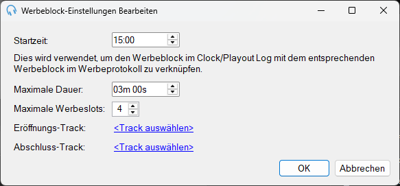 Fenster „Werbeblock-Einstellungen Bearbeiten“