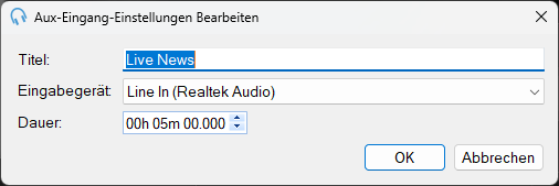 Fenster „Aux-Eingang-Einstellungen Bearbeiten“