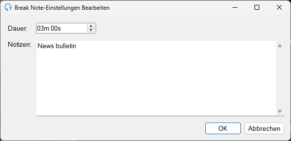 Fenster "Break Note-Einstellungen Bearbeiten"