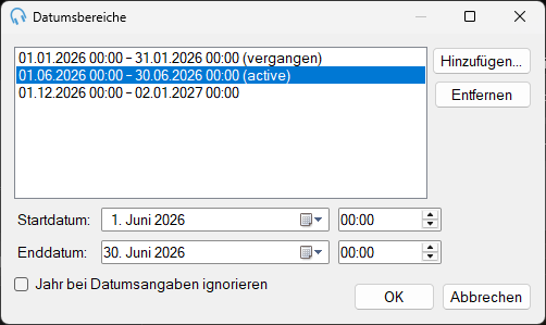 Das Fenster „Datumsbereiche“ mit einer Liste aktiver, bevorstehender und vergangener Bereiche