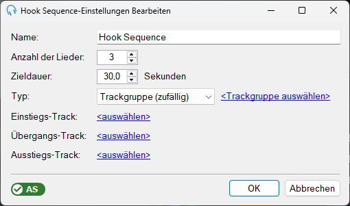 Fenster "Hook Sequence-Einstellungen Bearbeiten"