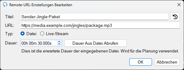 Fenster „Remote-URL-Einstellungen bearbeiten“