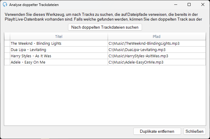 Fenster "Analyse doppelter Trackdateien"