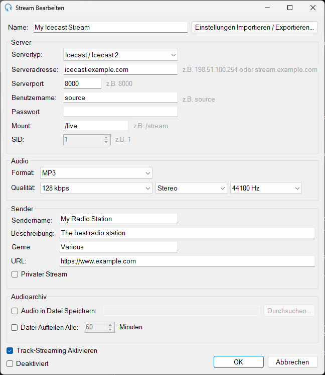 Fenster "Stream Bearbeiten" – Internet Broadcast