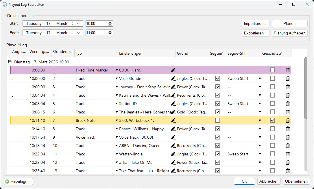 Fenster „Playout Log Bearbeiten“ mit geplanten Elementen