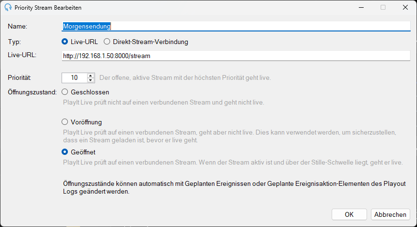 Fenster „Priority Stream Bearbeiten“