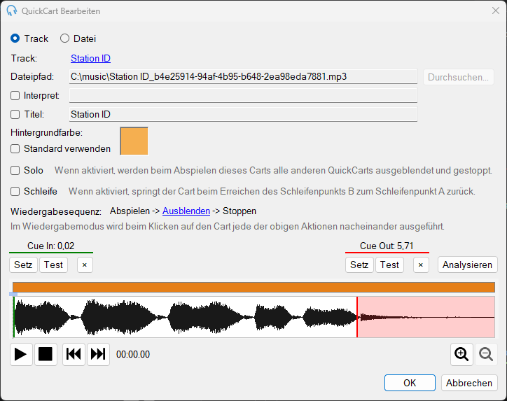 Fenster „QuickCart Bearbeiten“