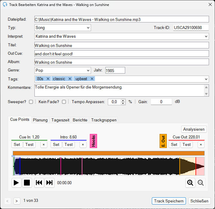 PlayIt Live Fenster „Track Bearbeiten“