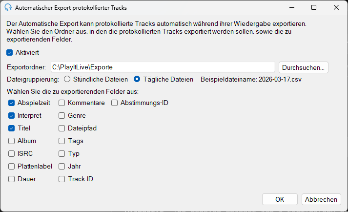 Fenster „Automatischer Export protokollierter Tracks“