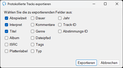 Fenster „Protokollierte Tracks exportieren“