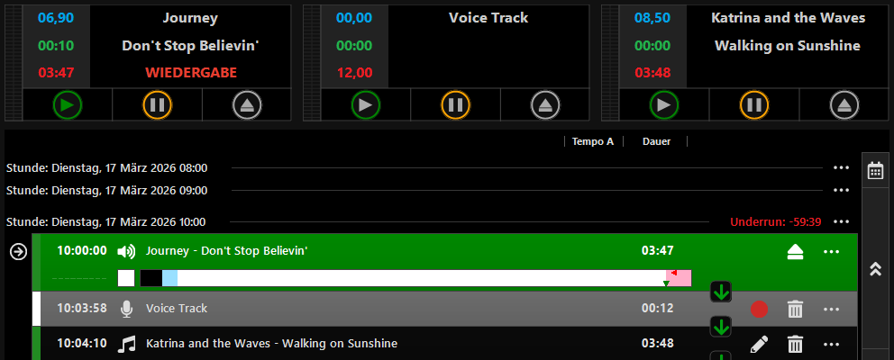 PlayIt Live mit einem aufgenommenen Voice Track im Playout Log