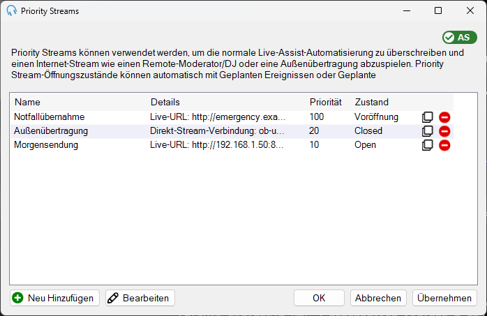 Fenster „Priority Streams verwalten“